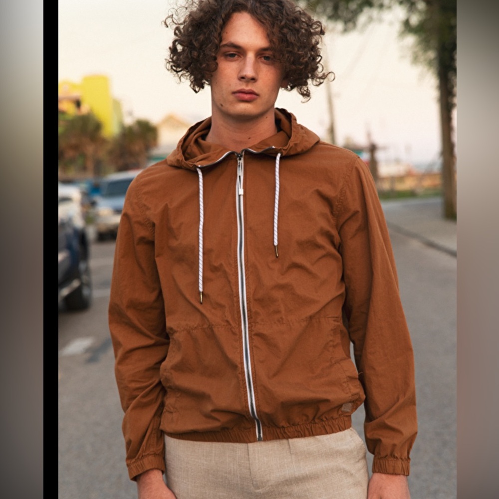 Denim & Flowers Brown Zipper Hoodie Jacket Small Lightweight Casual